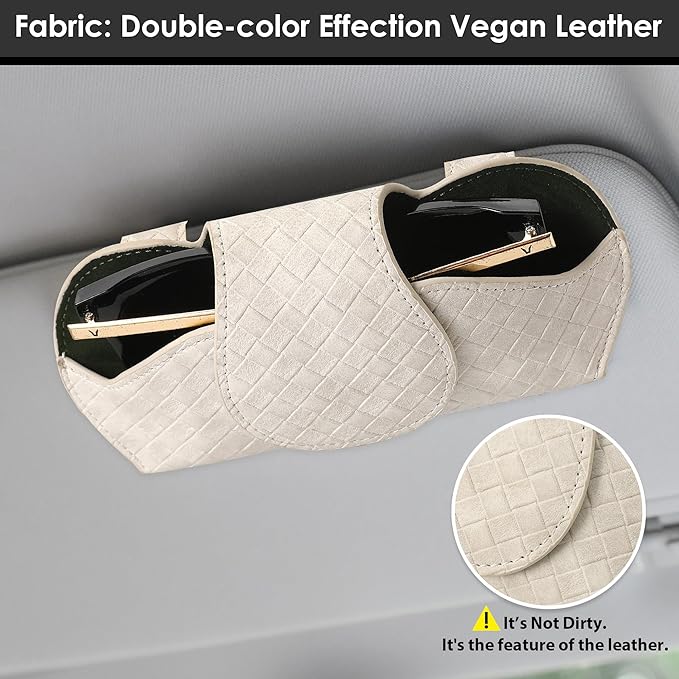 KINIVA White Car Visor Sunglass Holder Leather Glasses Case with Magnetic Closure