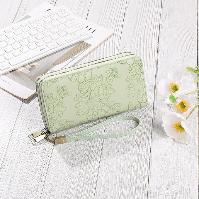 GAEKEAO Wallet for Women Clutch RFID Blocking Wristlet Leather Purse Large Capacity Credit Card Holder with Grip Hand Strap