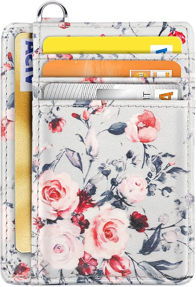Coco Rossi Slim Front Pocket Wallet RFID ID Card Holder Cute Small Wallet with Keychian for Women,Grey Flowers