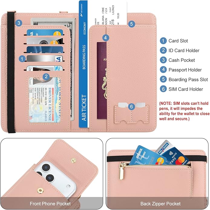DOB SECHS Leather Passport Wallet Crossbody Phone Bag, RFID Blocking Passport Holder Credit Cards Case for Women