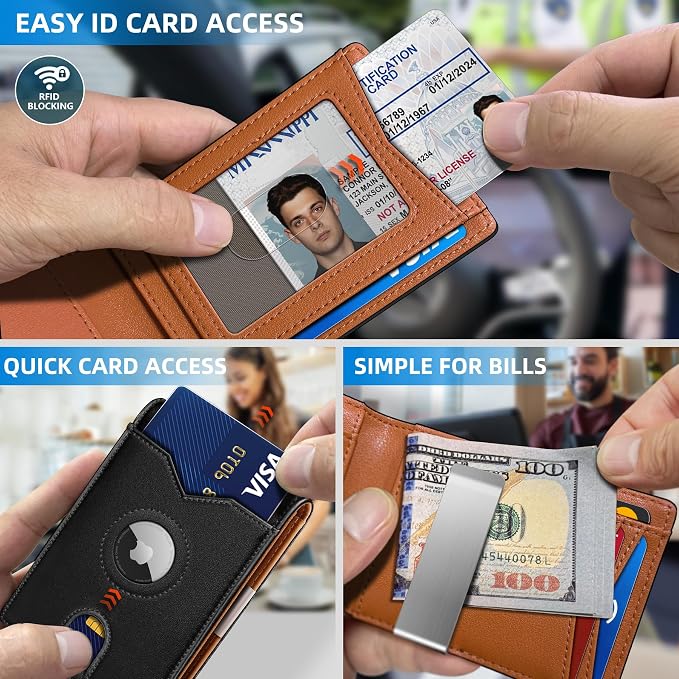 miyozi Airtag Wallet for Men,with Money Clip 11 Cards Slim Front Pocket Leather RFID Blocking Wallet with Gift Box