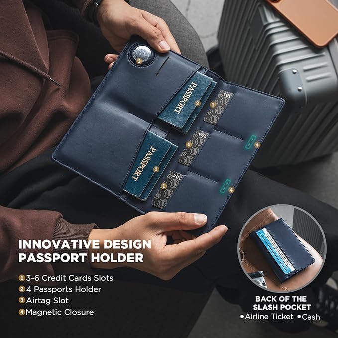 VULKIT Family Passport Holder for 4 Leather Passport Wallet with Airtag Slot Multiple Passport Holder RFID Blocking Bifold Travel Documents Organizer