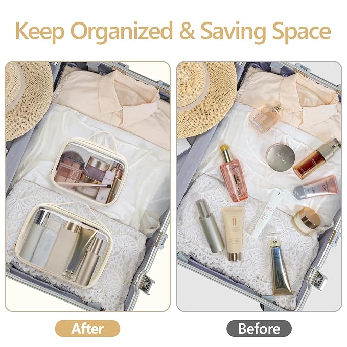 PACKISM Clear Makeup Bag Combo Pack, 1 TSA Approved Medium & Large for Checked Luggage, Clear Toiletry Bag with Handle, Water-resistant Travel Essentials Organizer, Creamy Off-White