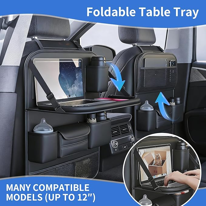 Car Seat Back Organizer with Foldable Tray, Car Seat Back Protector, Premium Leather Kick Mats, Multiple Storage Pockets, Travel Accessories for SUV Truck (Long)