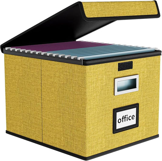 File Organizer Box with Lid, Collapsible File Folder Organizer for Office Document Storage, Filing Box with Plastic Slide for Letter Size Hanging Files(1 Pack, Yellow)