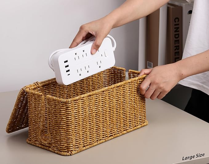 ZhiYo Rattan Cable Management Box, Cord Organizer, Nature, 2 Pack (M&L) | Handwoven imitation rattan cord hider box conceals power strips and cables for a clean desk or floor setup