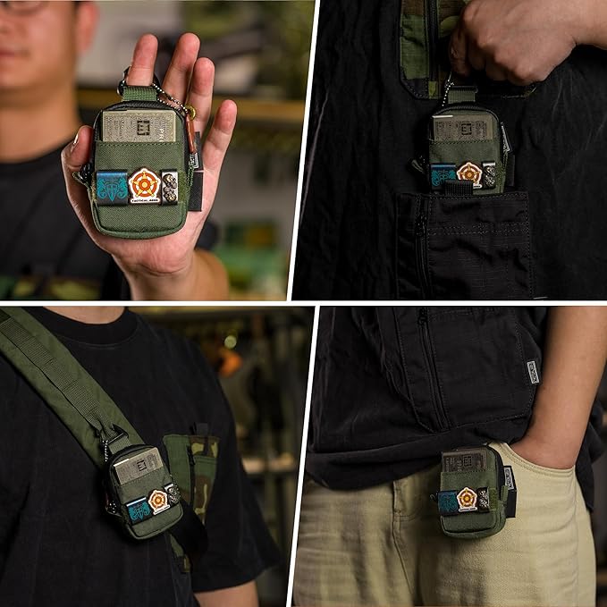 Tactical Geek Storage A6 Mini Size EDC Utility Pouch, Mini Coin Purse with Custom Carabiner, EDC Mini Size Pocket Organizer, Wireless Headset Pack, Key Waist Case for Daily Carry-Green