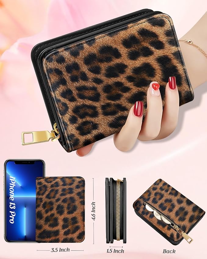 Bistup Credit Card Holder Wallet for Women Cute Leather Ladies Teen Girls Female Cardholder Wallets Accordion Purse Small Medium Aesthetic Print Leopard Modern Design Rfid Zipper Around