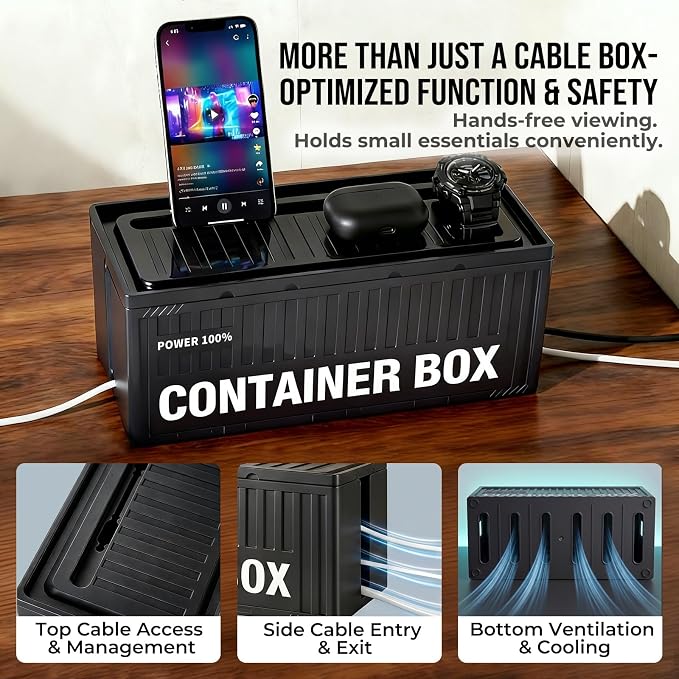 NEXIL Cable Management Box Kit - Cord Organizer Box to Hide Power Strips & Cables, 3-Piece Desk Cable Management Set with Headphone Hanger & Metal Storage Tin, Matte Black