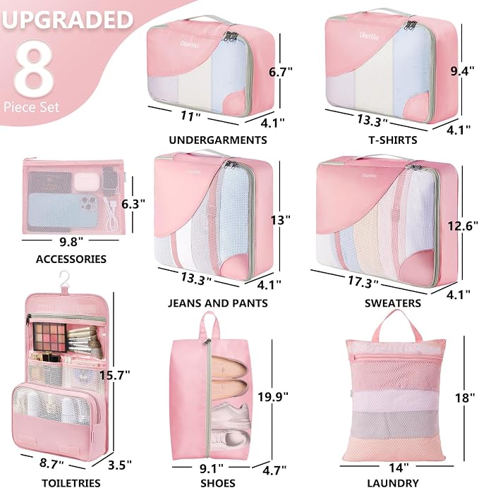 8 Set Packing Cubes for Travel, Gifts for Women Mom,Anti-Tearing Suitcase Organizer for Luggage with Shoe & Hanging Toiletry Bag,OlarHike Vacation Essentials & Accessories for Cruise Ship,Dream Pink