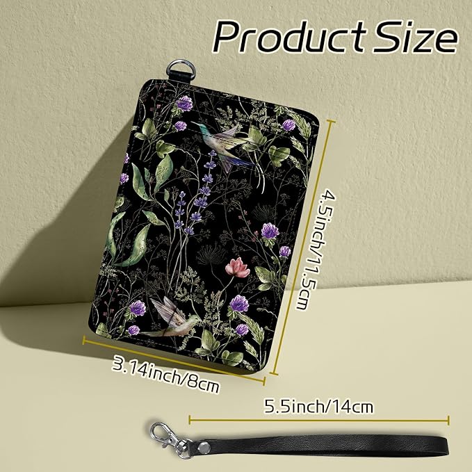 Small Travel Wallets, Wild Flower Hummingbird Slim Minimalist Front Pocket Wallet with Wristlet, RFID Blocking PU Leather Credit Card Holder with ID Window Change Purse for Men Women