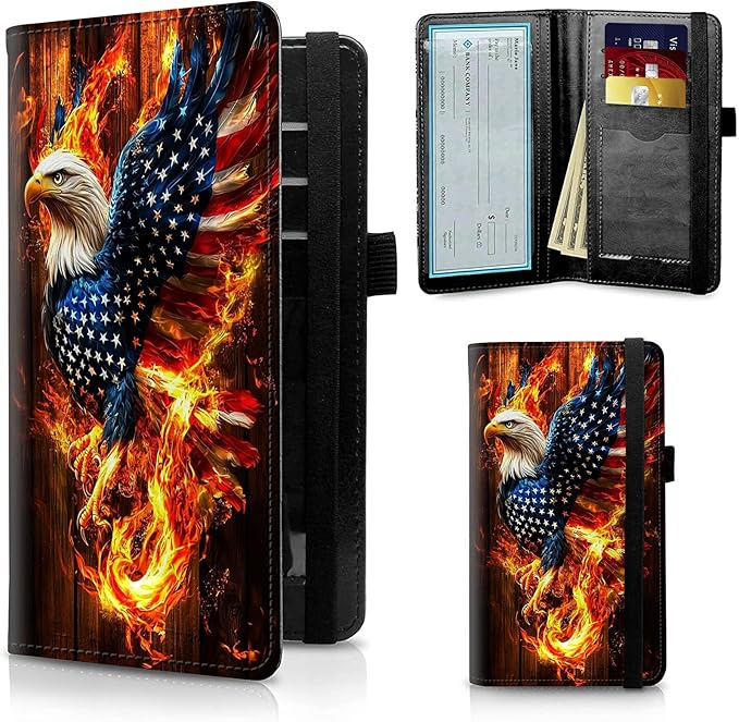 FUYOCWE Checkbook Covers for Personal Checkbook,Leather Checkbook Cover for Business/Personal Checks,RFID Blocking Check Book Cover Holder Wallets for Men Women-American Eagle Rebirth of Fire