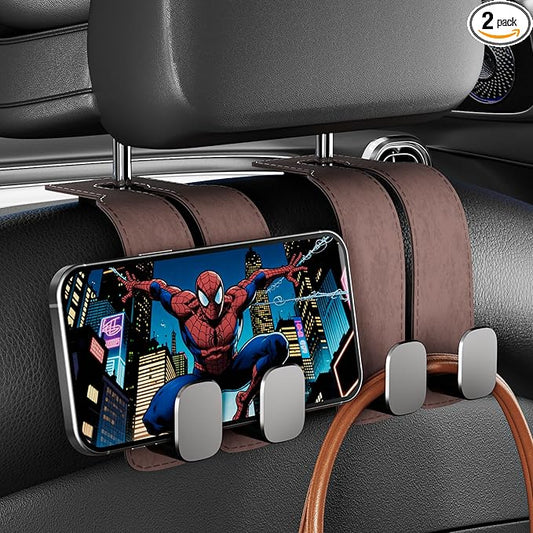 Car Purse Hook for Headrest - 2Pcs Headrest Hooks for Car Seat Back Storage,100% Leather Car Hanger with Metal Hooks,Suitable for Car Organizers and Storage,Seat,Bag,Purse(Brown)