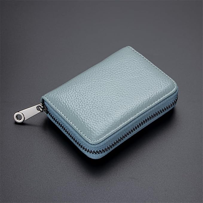 Suweibuke Genuine Leather Credit Card Holder Zipper Wallet RFID Blocking Secure Card Case ID Case Organizer (Light Blue)