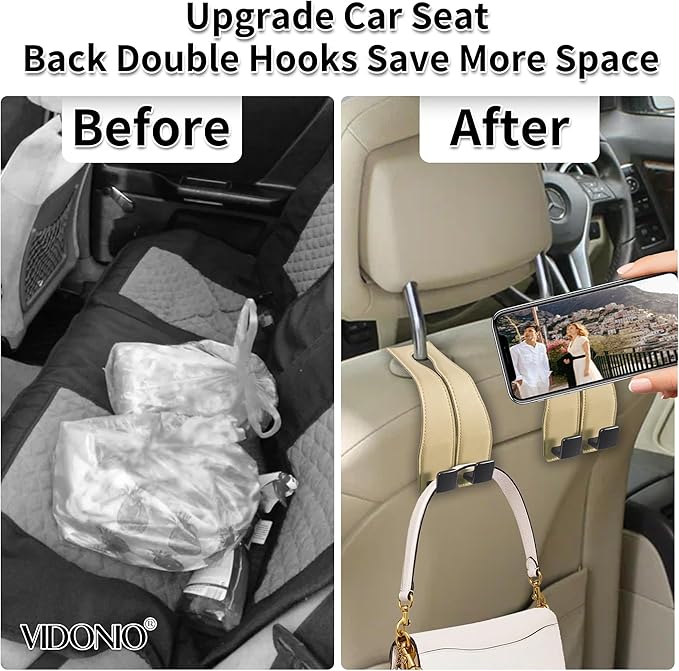 vidonio 2 Pack Double Car Seat Hooks for Headrest, Rotatable Purse Holder for Car, Premium Leather Car Hooks for Purses and Bags, Headrest Hook and Storage Accessories (Beige)