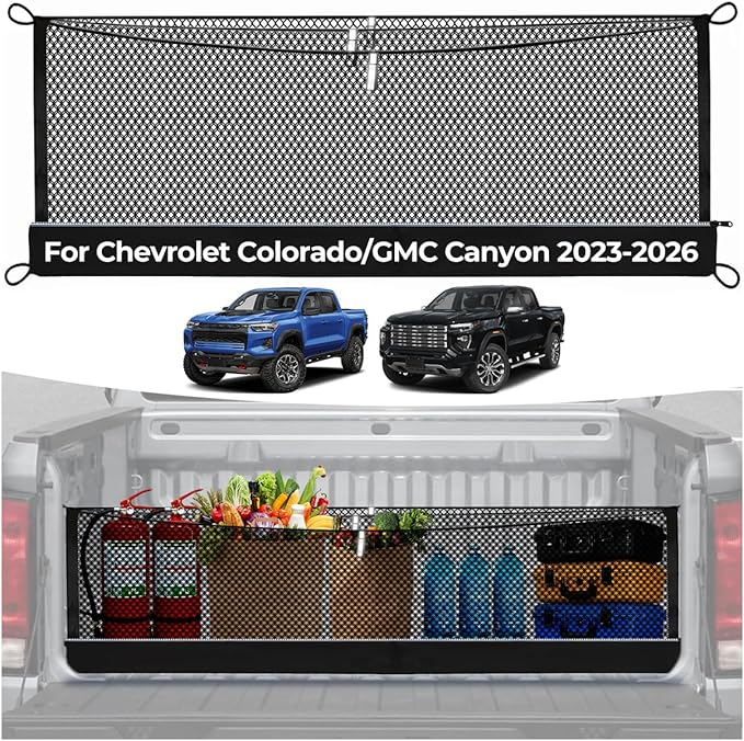 3-Layer Cargo Net for Chevrolet Colorado & GMC Canyon 2023-2026, Zoned Storage Truck Bed Net with Foldable Zippered Bottom Bag, Heavy-Duty Cargo Organizer Netting for Camping, Trips & Everyday Use
