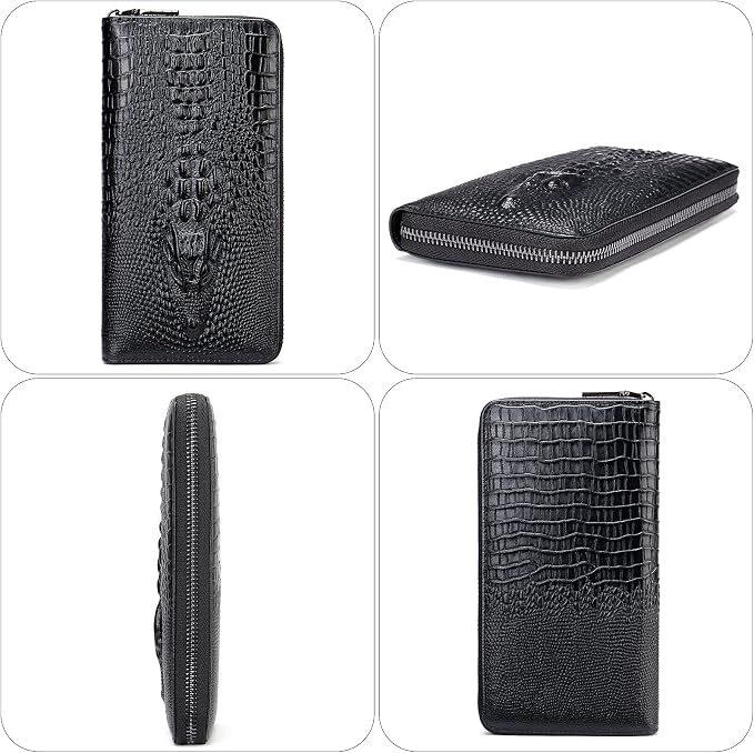NIUCUNZH Genuine Leather Cool Long Wallets for Men Personalized Zip Around Wallet Checkbook Cash Credit Card Holder Wallet Black
