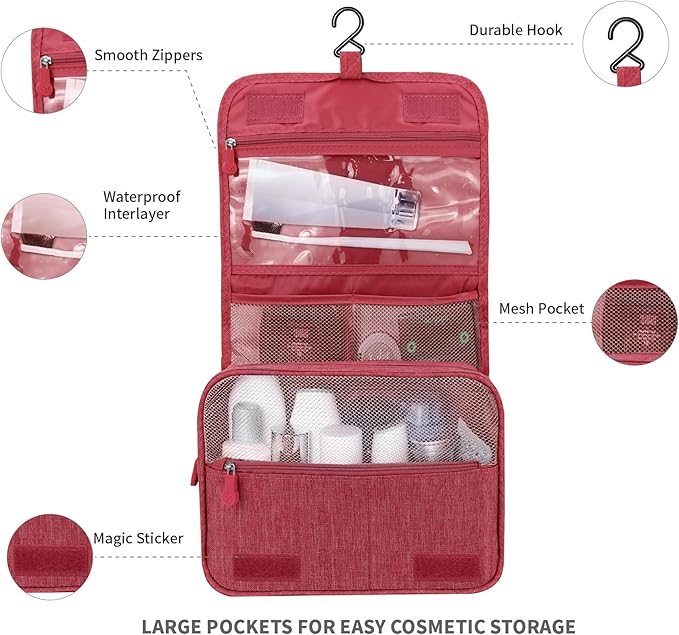 Large Capacity Toiletry Bag Travel Bag with Hanging Hook for Men and Women Waterproof Travel Cosmetic Bag Bathroom Storage Bag for Brushes Set, Full-Sized Shampoo, Toiletries, (Wine Red)