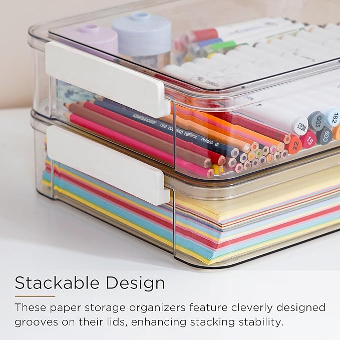 Citylife 2 PCS 6 Qt Plastic Storage Bins with Lids and Latches, Portable Stackable Storage Bins, Clear Plastic File Box for Organizing A4 Paper, Letters, Documents, Art Supplies, and Crafts