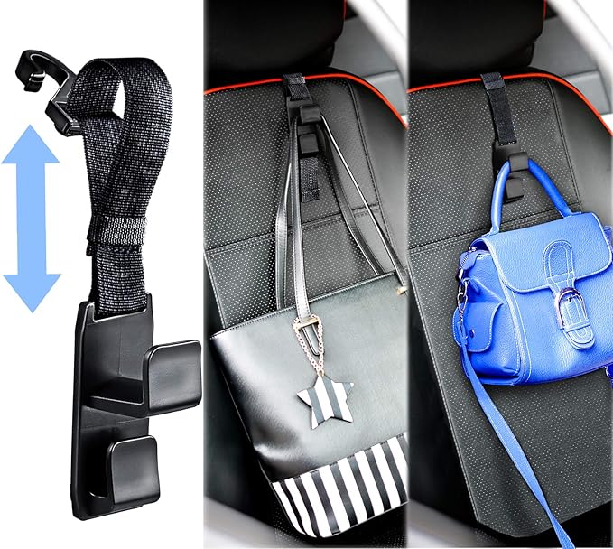 matteblack Magic Hanger Headrest Holder Organizer, Behind Over The Seat Car Hooks-Hang Purse Grocery Bags-4Pack (Frosted Black)