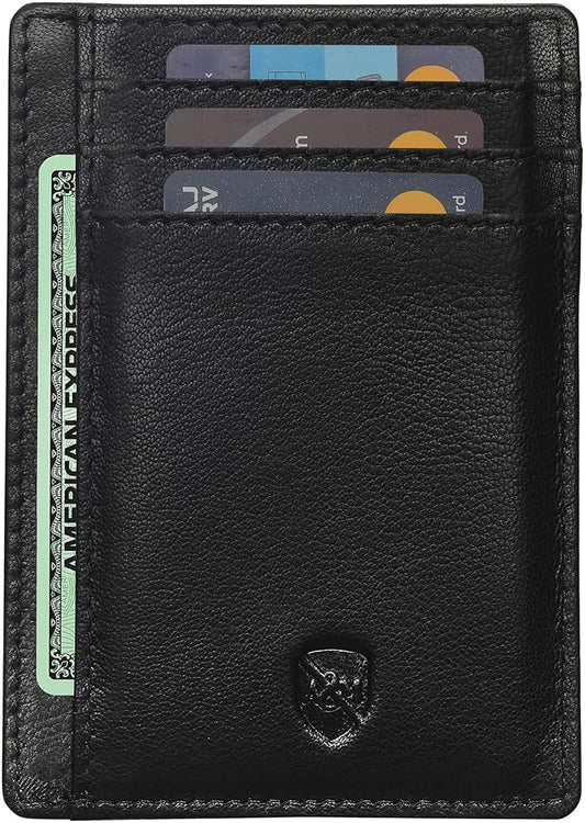 ALLEN & MATE 100% Genuine Leather Slim Minimalist wallet RFID Blocking Card Holder Wallets for Men & Women - Holds 7 Cards, ID & Cash with Gift Box (Black)