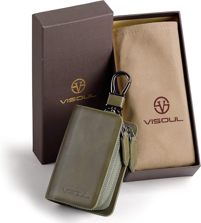 VISOUL Car Key Case Holder Double Zipper, Leather Car Smart Key Fob Case with Keychain for Men and Women