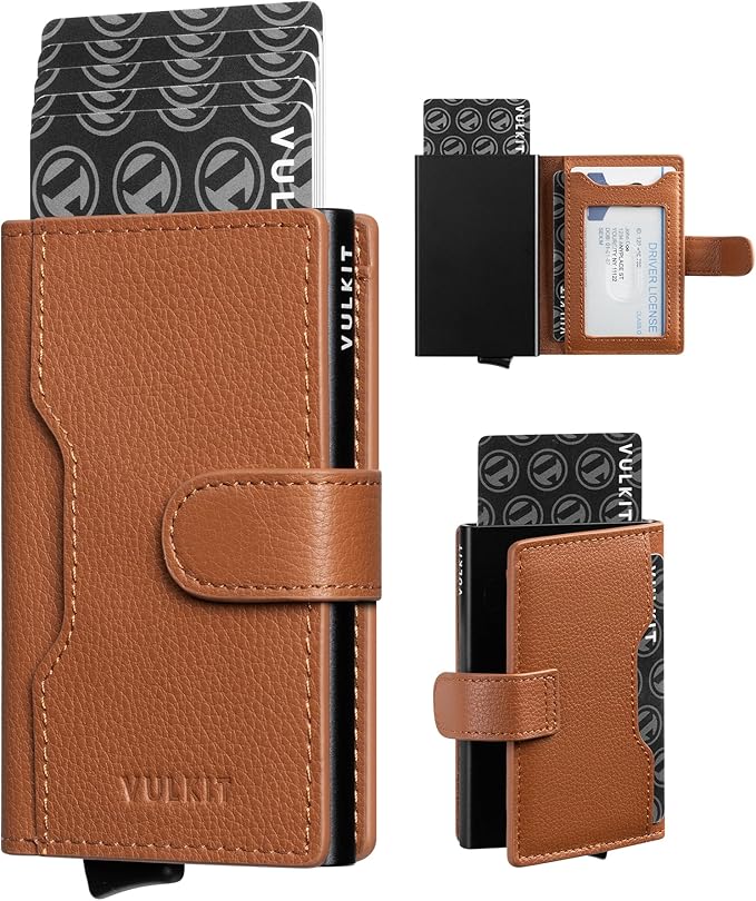 VULKIT Slim Bifold Pop up Wallet Minimalist Leather Card Holder RFID Blocking Metal Card Case with ID Window for Women | with Leather Slots, RFID Blocking, Slim, Metal Card Case