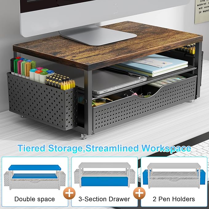 gianotter 4-Tier Paper Letter Tray + Monitor Stand with Storage (Black)