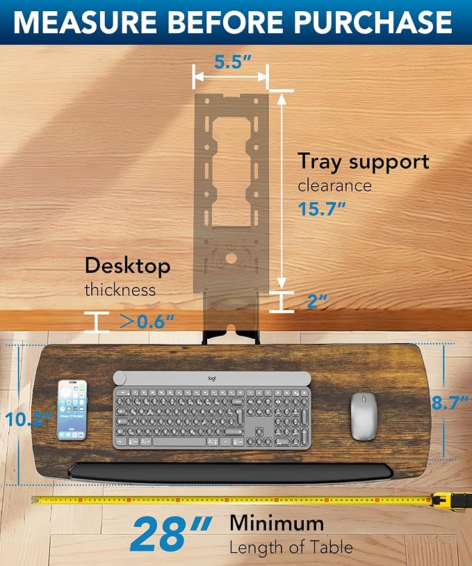 Keyboard Tray Under Desk with Storage Drawer, Height Adjustable Keyboard Tray Slide Out 360° Swivel Tilt, Ergonomic Under Desk Mount Keyboard & Mouse Holder for Gaming Home Office, 28''x11'' Vintage