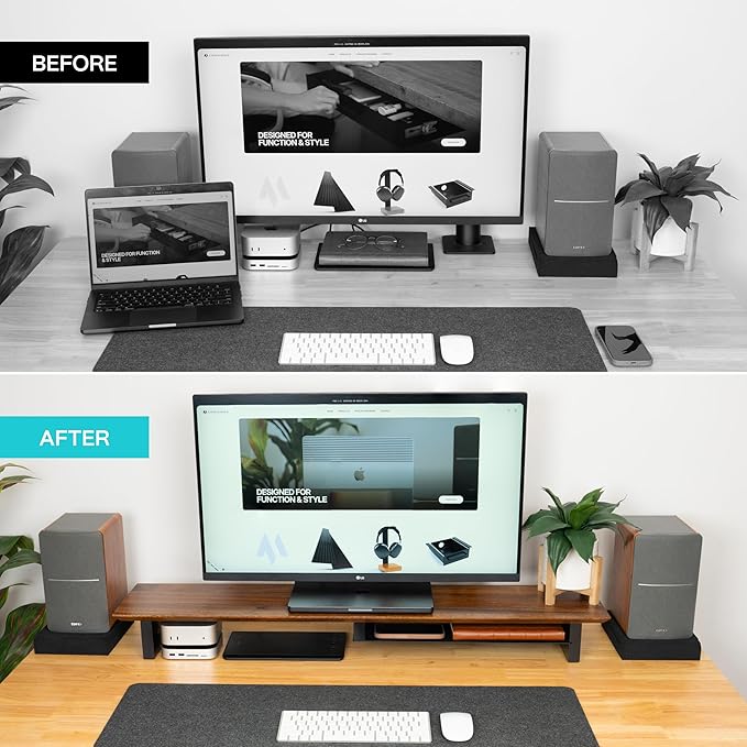 COREMINDED Solid Wood Dual Monitor Stand Riser ??43" Walnut Desk Shelf for 2 Monitors with Tray & Wool Felt, Organizer for Desktop, Laptop and Office (Walnut)