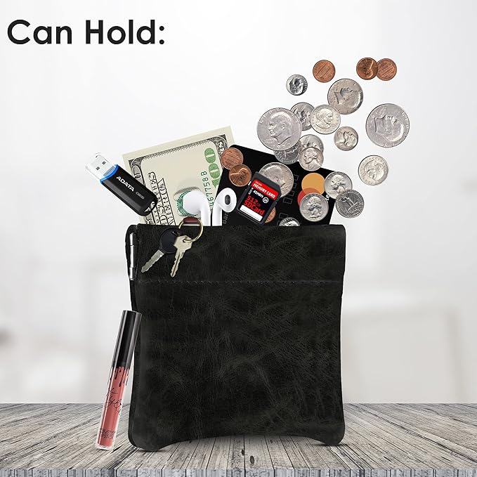 Nabob Leather Genuine Leather Squeeze Coin Purse, Coin Pouch Made IN U.S.A. Change Holder For Men/Woman Size 3.5 X 3.5 (Distressed Black)