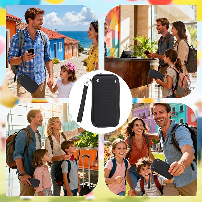 WALNEW Passport Holder Travel Family for 10, RFID-Blocking Wallet and Document Organizer Passports with Zipper, for Cards, Boarding Passes, Money, Tickets, Travel Essentials, Black
