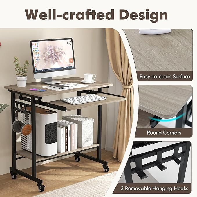 Tangkula Rolling Computer Desk Cart with Keyboard Tray, Mobile Portable Laptop PC Desk with CPU Stand & 3 Hooks for Sofa & Bed, Compact Small Desk on Wheels for Small Spaces (Grey)