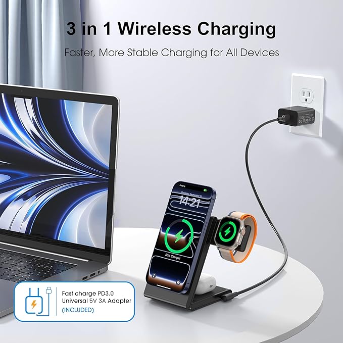 New Travel Foldable 3 in 1 Wireless Charging Station for Apple Magsafe Charger Stand,Fast Magnetic Wireless Charger Station for iPhone 17 Air 16 15 14 13 12 Series,Airpods Pro,Apple Watch Ultra-Black