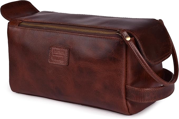 LEATHER VILLAGE Genuine Leather Travel Toiletry Bag - Water-Resistant Dopp Kit for Toiletries, Large Shaving Bag & Bathroom Organizer - Gift for Men & Women - Cherry Brown