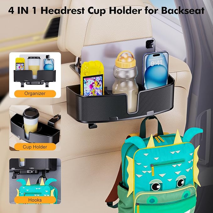 MAGJIEYX Car Headrest Cup Holder for Back Seat Organizer for Multi-Hanging Snack Storage Box with Strong Hooks for Kids and Backseat Passengers Share Rid for Travel Accessories（2-Pack）