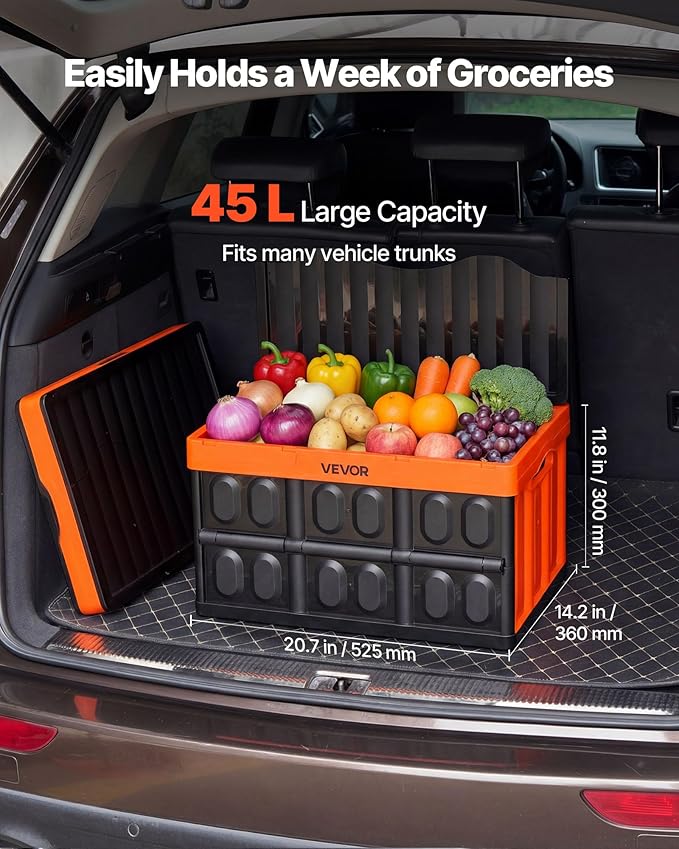 VEVOR Plastic Collapsible Storage Bins with Lids, 45L 3Packs, Stackable Folding Storage Crates with Handles, Holds 44 lbs Per Bin, Heavy Duty Containers, Space-Saving Baskets, for Home Organizing