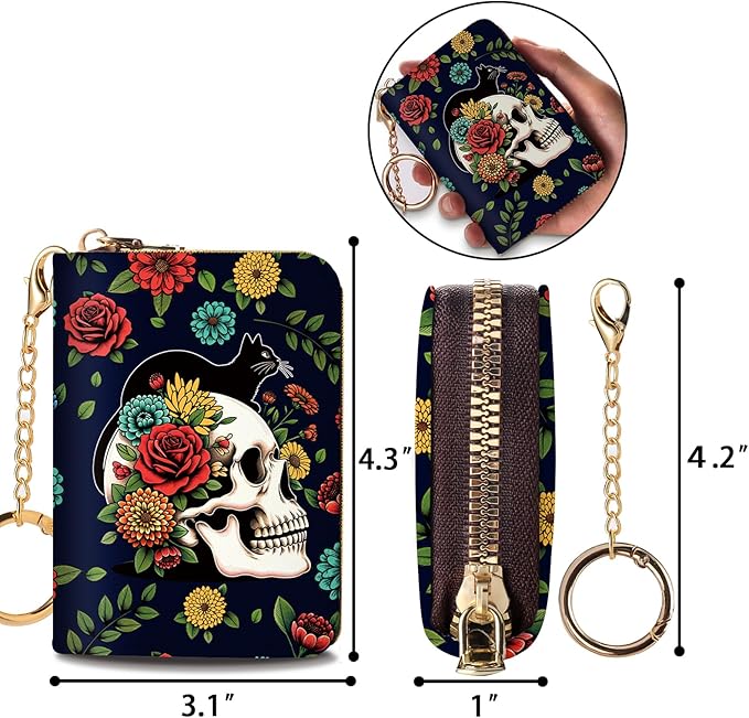 Credit Card Holder RFID Wallet, Small Card Holder Wallet for Women with Keychain Zipper, Funny Leather Print Credit Card Wallets Accordion Gift