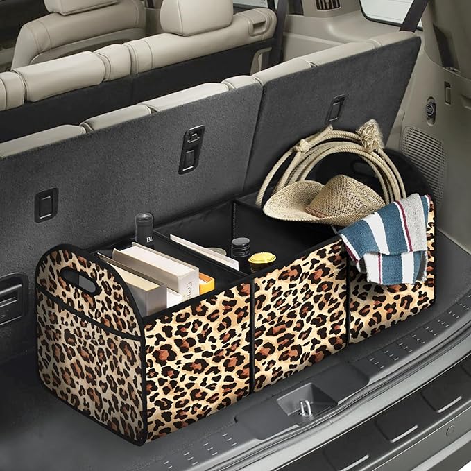Classic Leopard SUV Car Trunk Organizer Accessories 50L Collapsible Car Storage Bag 3 Compartment Caddy Waterproof Foldable