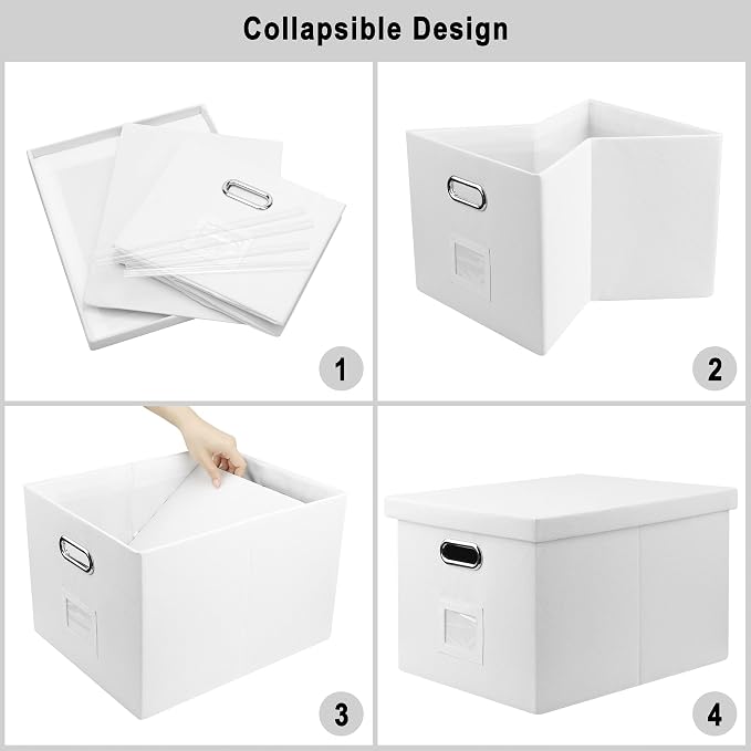 Graciadeco File Organizer Box, Decorative Storage Filling Box with Lid for Letter Legal Size Hanging Folders Collapsible Linen File Folder Box Office Document Storage Filing Bin, White 2 Pack