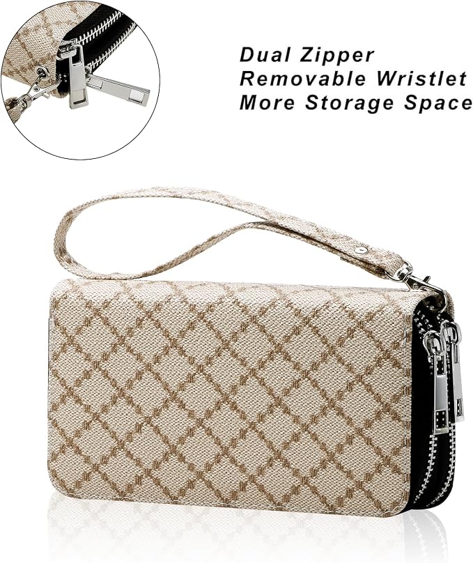Cellphone Wallet for Women Dual Zipper Long Purse with Removable Wristlet