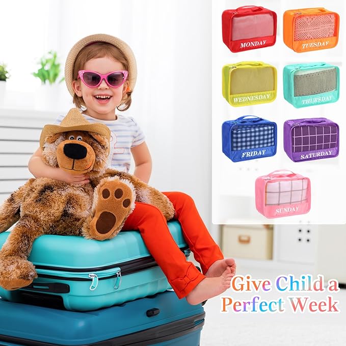 Days of Week Packing Cubes Weekly Organizer Travel Storage Bag School Clothes for Kids Summer Camp Family(9x7x3inch,Rainbow,15)