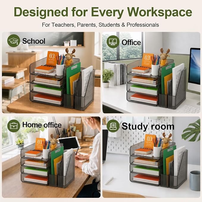 FANXIYQ 4-Tier Brown Acrylic Paper Tray Organizer with Bookends, Stackable Letter Tray Organizer for Desk, Acrylic File Organizer & Office Paper Organizer, Desk Accessories for Home Office