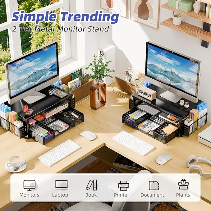 Simple Trending Desk Organizer and Accessories, 2-Tier Computer Monitor Stand Riser with Drawer and 2 Pen Holders for Office Supplies, Black