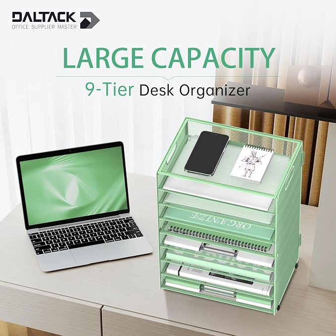 DALTACK 9-Tier Paper Organizer for Desk, Mesh Letter Tray Desk Organizer with Handles, Space-Saving File Organizer for Office Home School Classroom, Mint Green