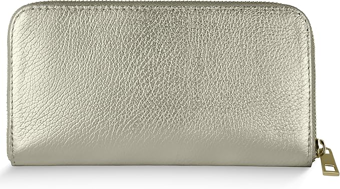 Italian Genuine Metallic Leather Wallet for Women with 3 Compartments & Zip Close | Small Rectangular Card Holder (Platinum)