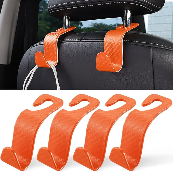 LivTee Car Purse Hook, 4 Pack Universal Auto Seat Headrest Hook Hangers Organizer for Coats, Umbrellas, Groceries - Carbon Fiber Orange