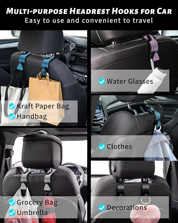 Sparkling Car Seat Hooks, 4 Pack, Black Purse Holder for Car Headrest, Chic Automotive Accessories for Women Essentials Handbag Clothes Coats Grocery Bags
