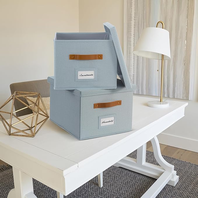 Decorative File Organizer Box Set of 2 - Collapsible Linen Filing Cabinets with Handles Are Perfect to Store All Your Documents & Hanging File Folders - Portable Easy Slide Office Crates with Lid