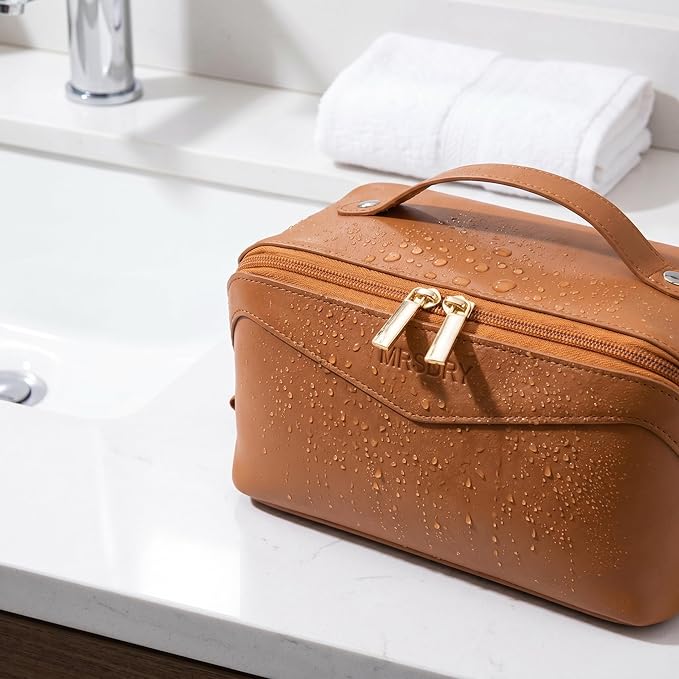 Mrsdry Travel Makeup Bag, Large Capacity Cosmetic Bag for Women, Waterproof PU Leather, Flat Open Portable Toiletry Bag for Skincare, Brushes & Travel Essentials